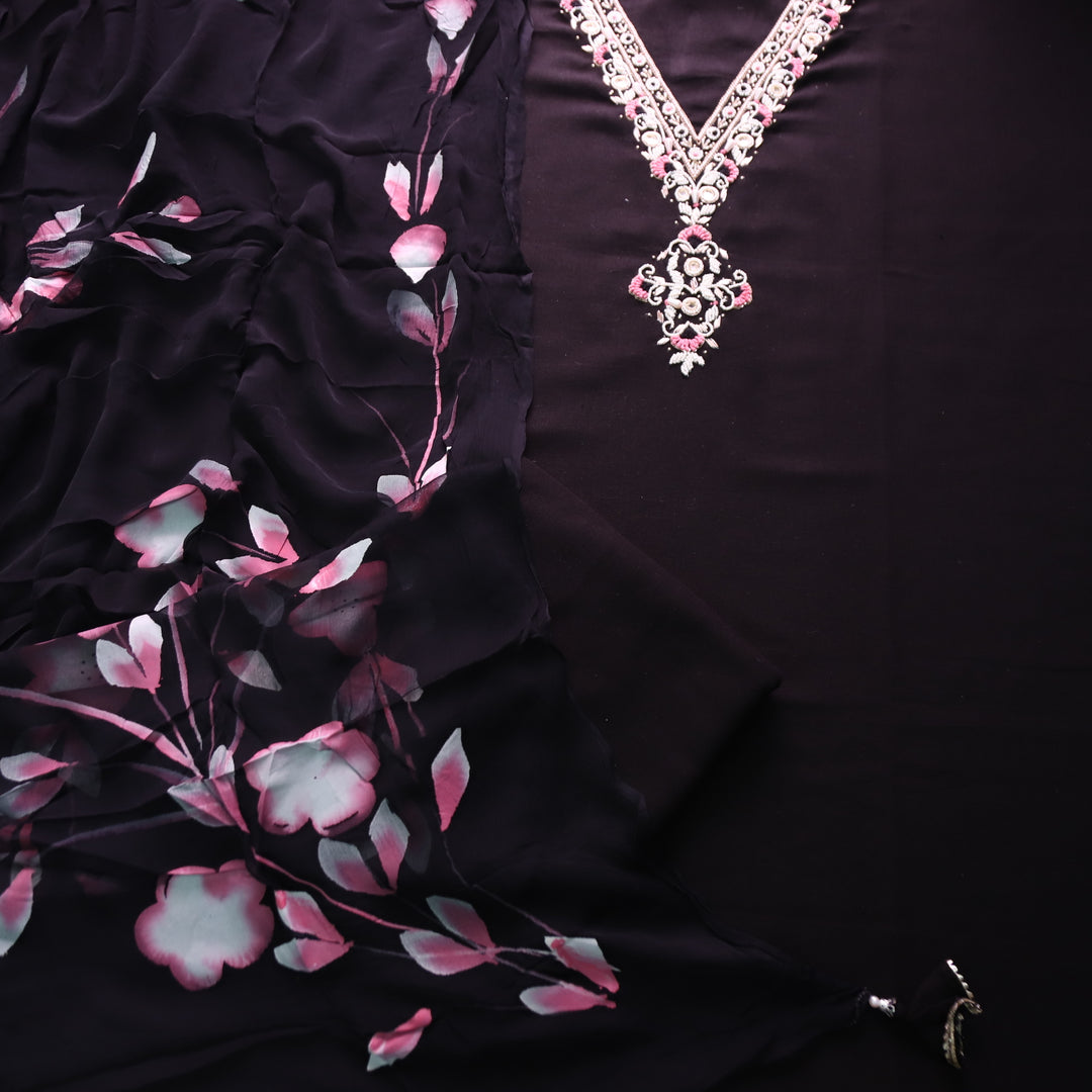 Blissta Ebony Black V Neck in Moti Work with Thread detailing Plain Cotton Suit Set