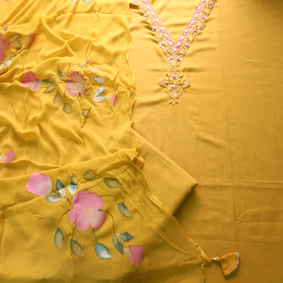 Blissta Dandelion Yellow V Neck in Moti with Thread Work Plain Cotton Suit Set
