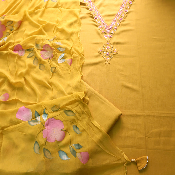 Blissta Dandelion Yellow V Neck in Moti with Thread Work Plain Cotton Suit Set