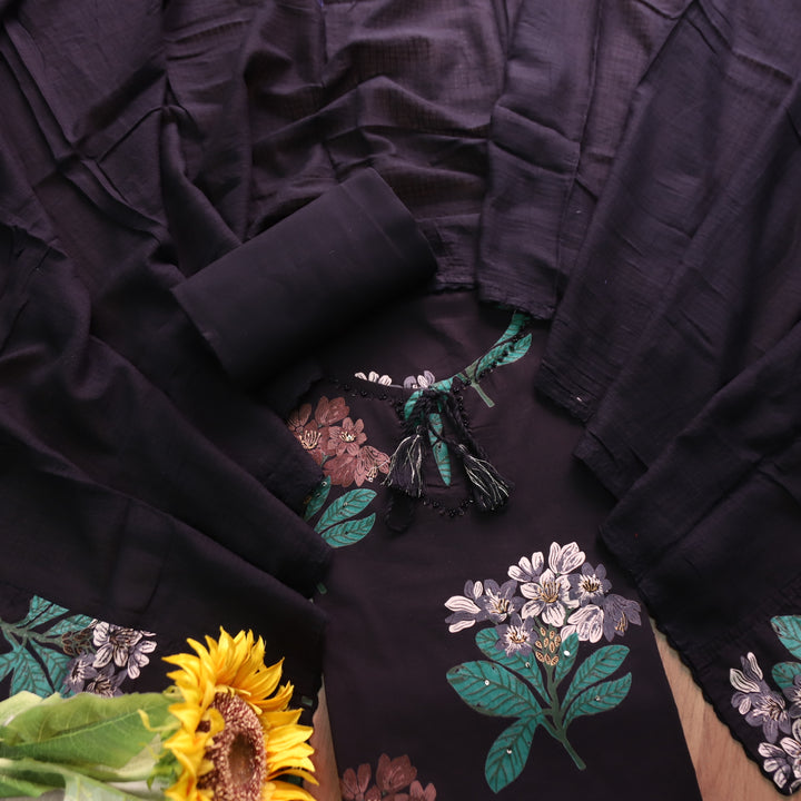 Blissta Ebony Black All Over Floral Printed with Knot Detailing Cotton Suit Set