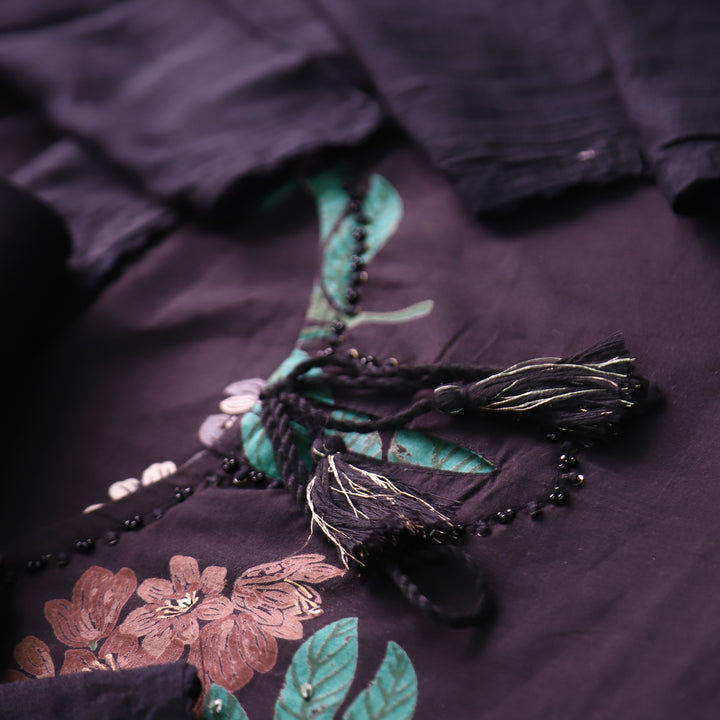 Blissta Ebony Black All Over Floral Printed with Knot Detailing Cotton Suit Set