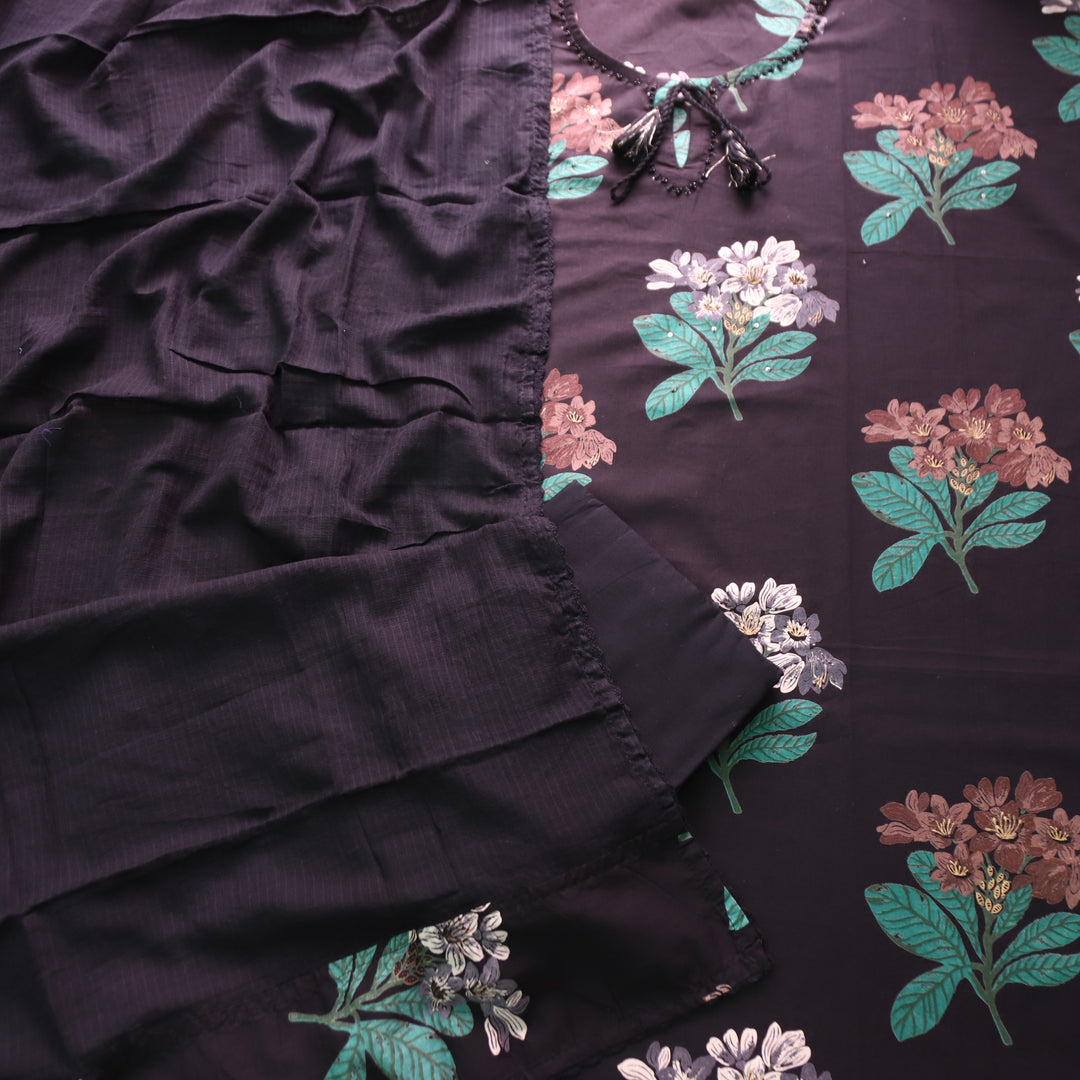 Blissta Ebony Black All Over Floral Printed with Knot Detailing Cotton Suit Set