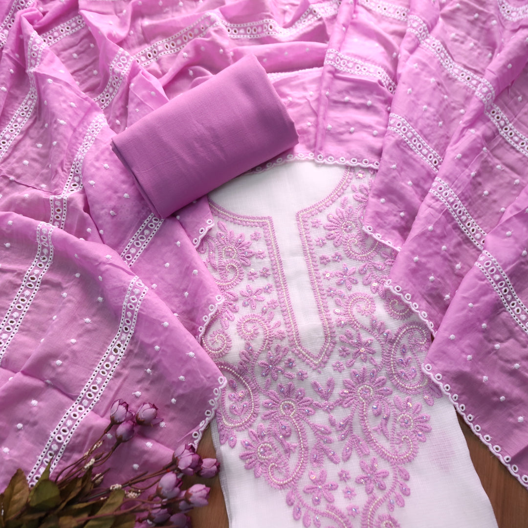 Sadhi White with Purple Thread Work with Moti neck Work Kota Doriya Suit Set