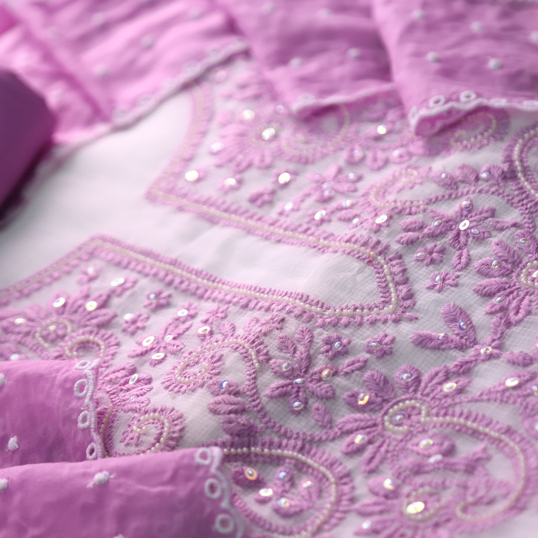 Sadhi White with Purple Thread Work with Moti neck Work Kota Doriya Suit Set