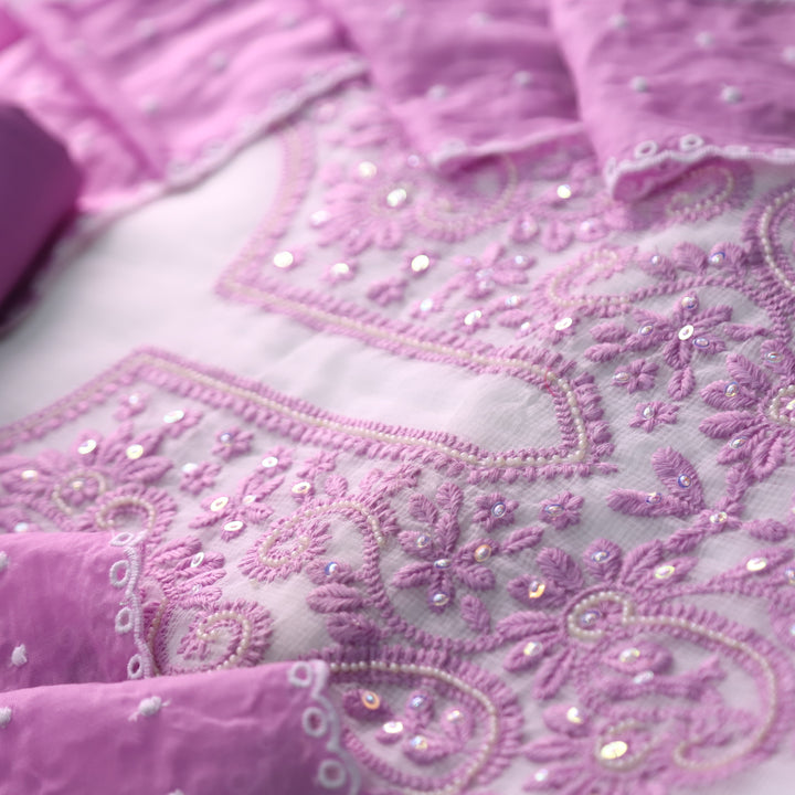 Sadhi White with Purple Thread Work with Moti neck Work Kota Doriya Suit Set