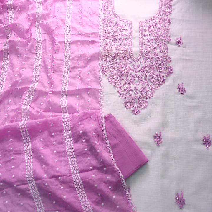 Sadhi White with Purple Thread Work with Moti neck Work Kota Doriya Suit Set
