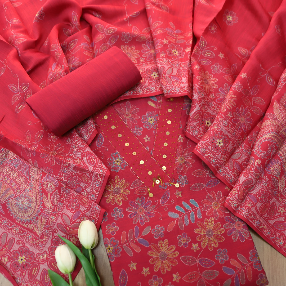 Manzeel Mauve Pink All Over Floral Print V Neck with Hanging Modal Suit Set