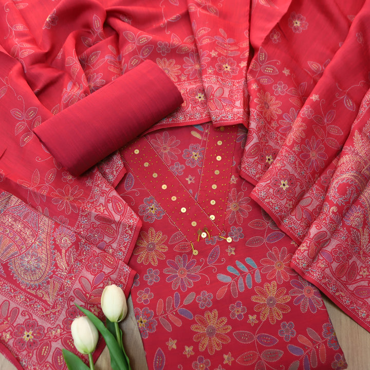 Manzeel Mauve Pink All Over Floral Print V Neck with Hanging Modal Suit Set