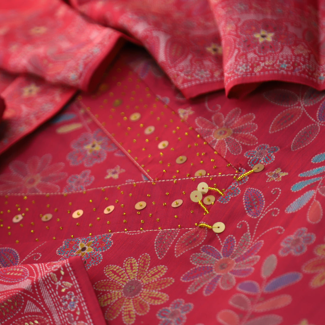 Manzeel Mauve Pink All Over Floral Print V Neck with Hanging Modal Suit Set