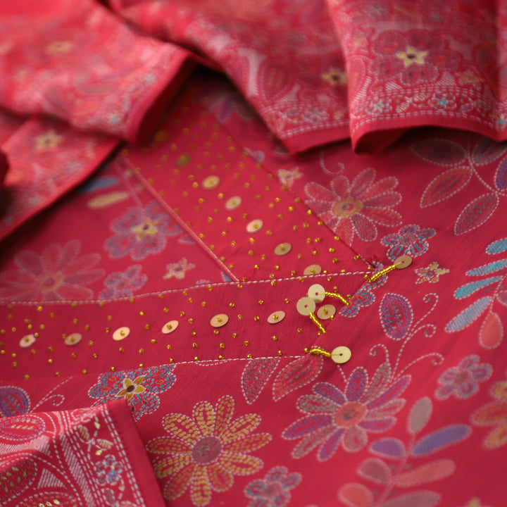 Manzeel Mauve Pink All Over Floral Print V Neck with Hanging Modal Suit Set