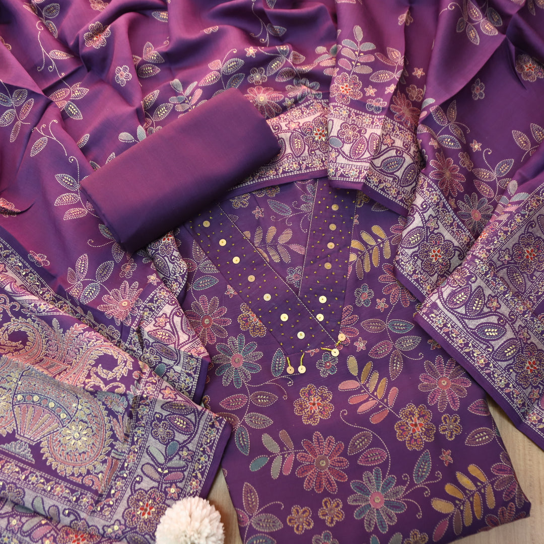 Manzeel Berry Purple All Over Floral Print V Neck with Hanging Modal Suit Set
