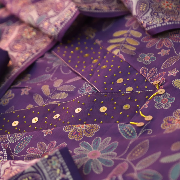 Manzeel Berry Purple All Over Floral Print V Neck with Hanging Modal Suit Set