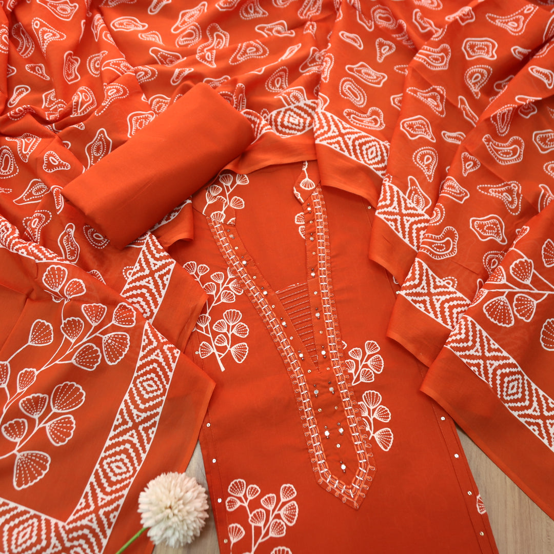 Gujaarish Rust Orange Zari Neck Work with Patra Floral Printed Cotton Suit Set