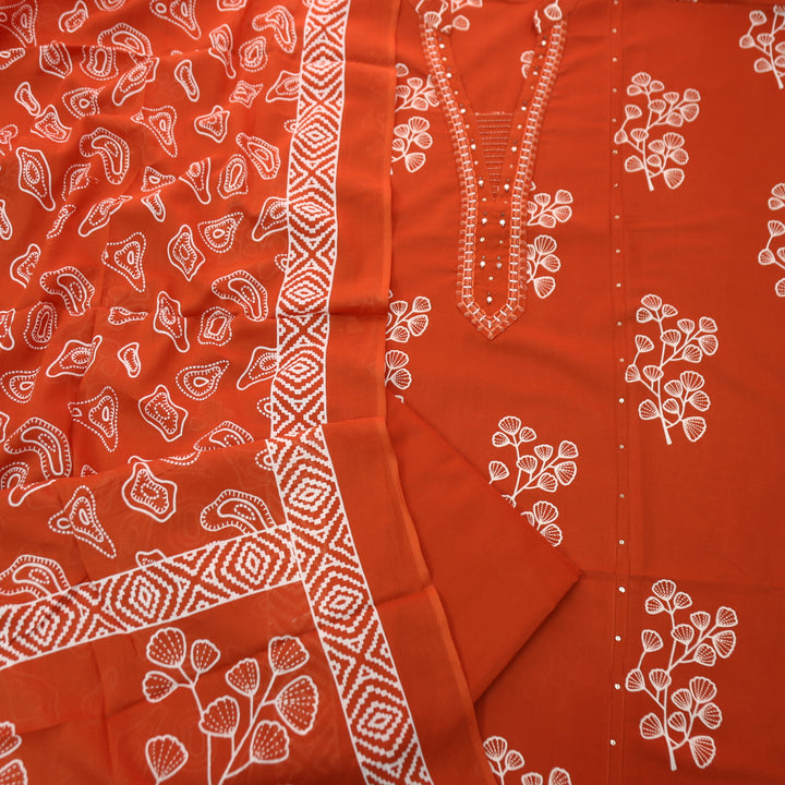 Gujaarish Rust Orange Zari Neck Work with Patra Floral Printed Cotton Suit Set