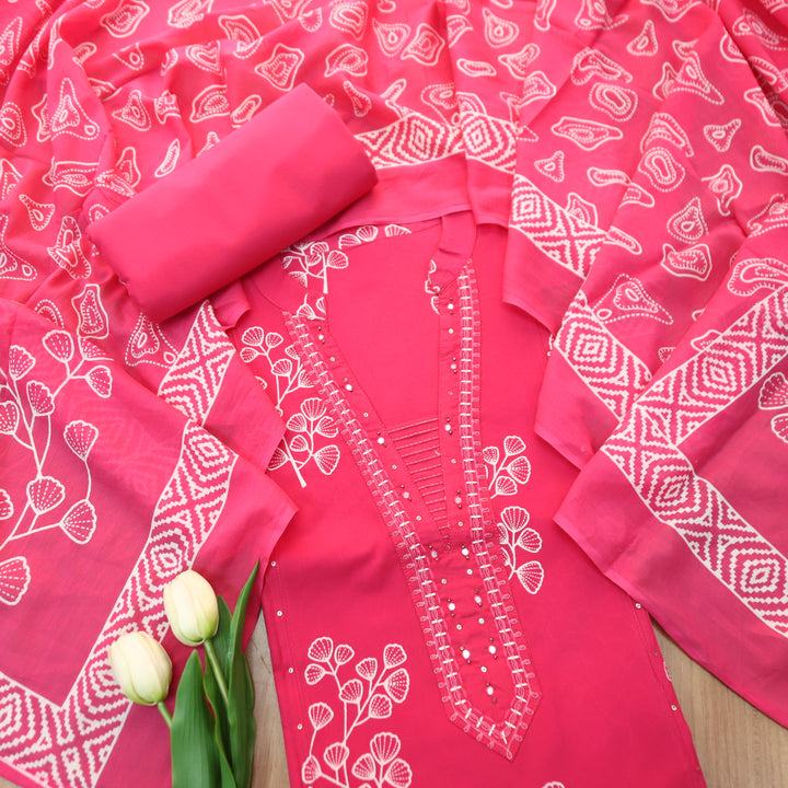 Gujaarish Barbie Pink Zari Neck Work with Patra Floral Printed Cotton Suit Set