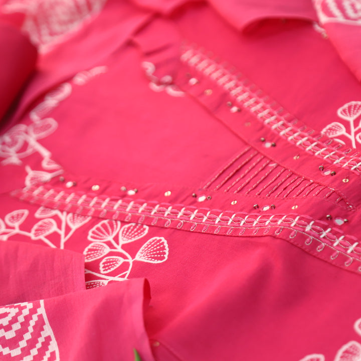 Gujaarish Barbie Pink Zari Neck Work with Patra Floral Printed Cotton Suit Set