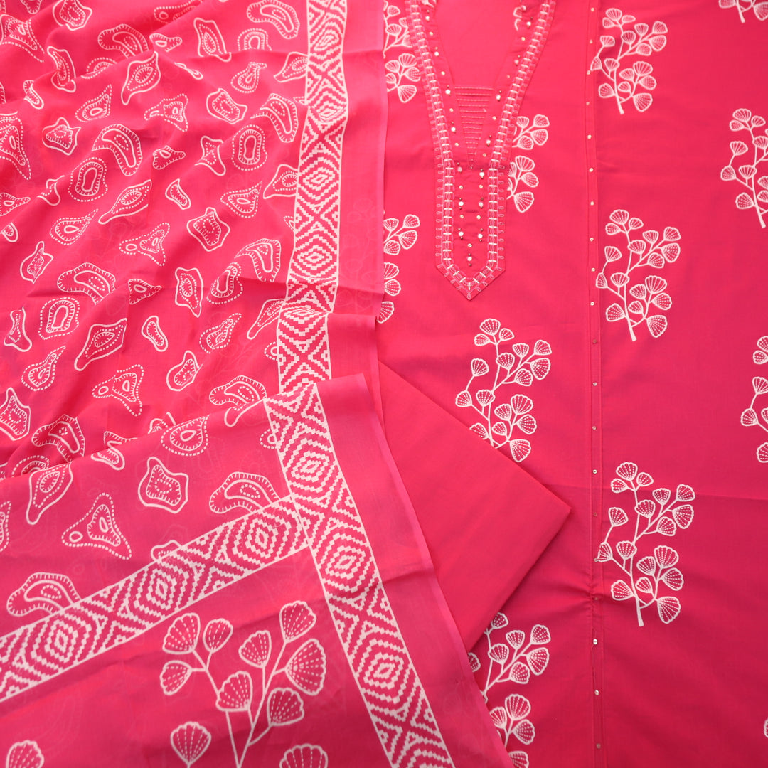 Gujaarish Barbie Pink Zari Neck Work with Patra Floral Printed Cotton Suit Set