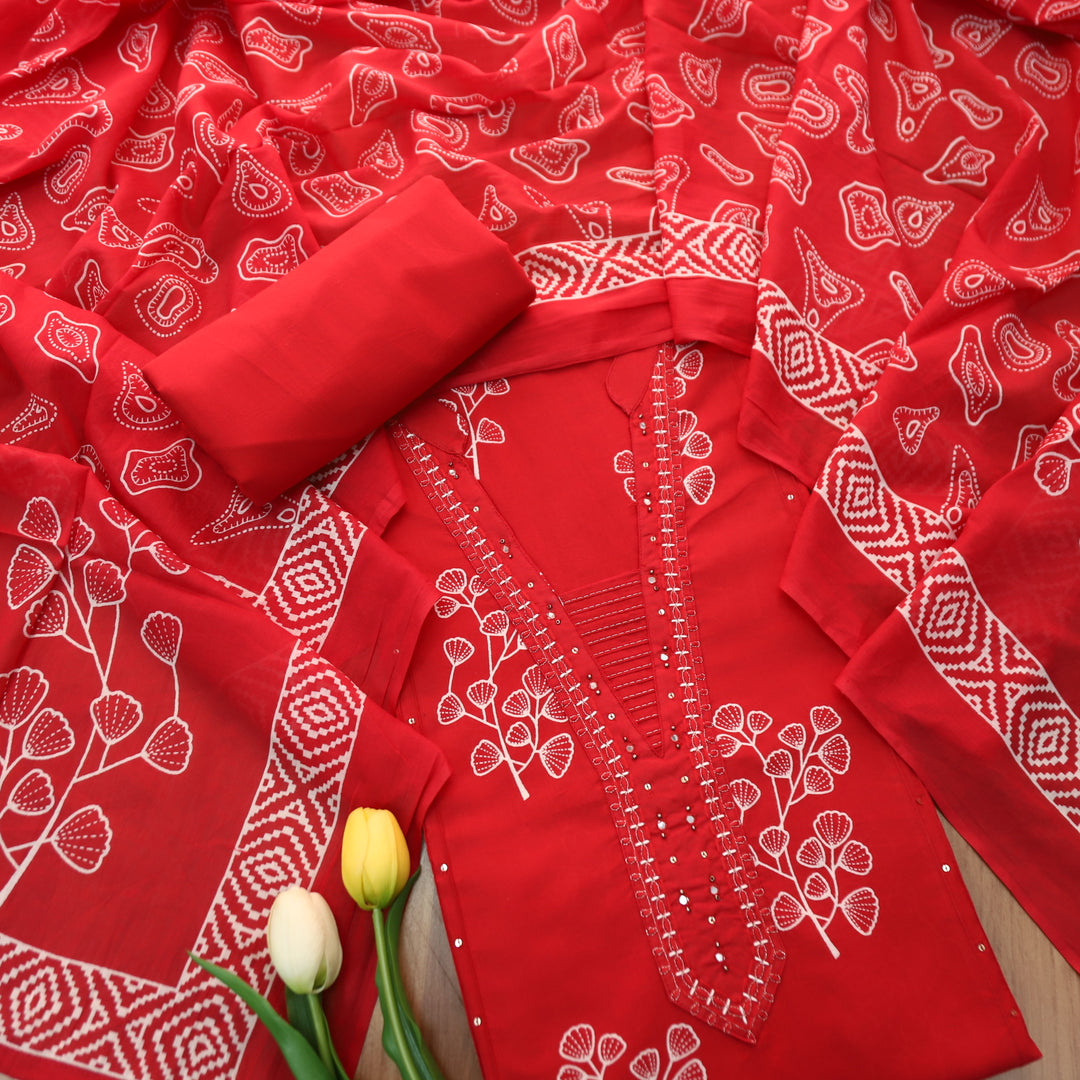 Gujaarish Blood Red Zari Neck Work with Patra Floral Printed Cotton Suit Set