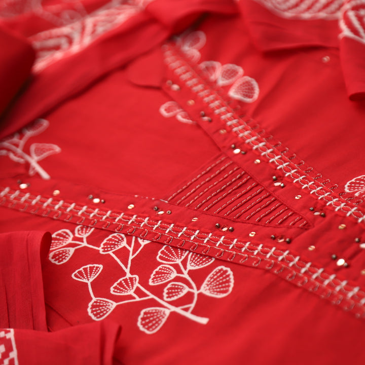 Gujaarish Blood Red Zari Neck Work with Patra Floral Printed Cotton Suit Set