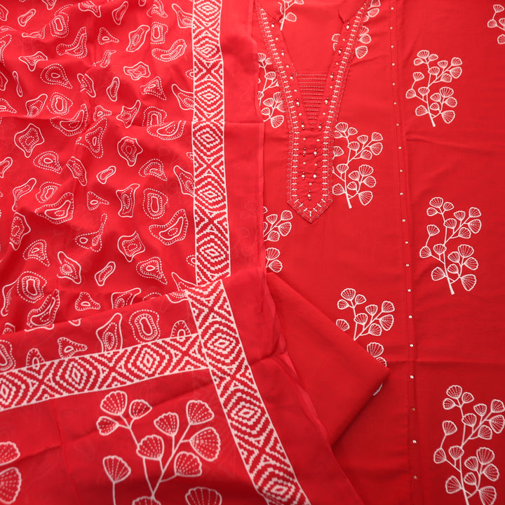 Gujaarish Blood Red Zari Neck Work with Patra Floral Printed Cotton Suit Set