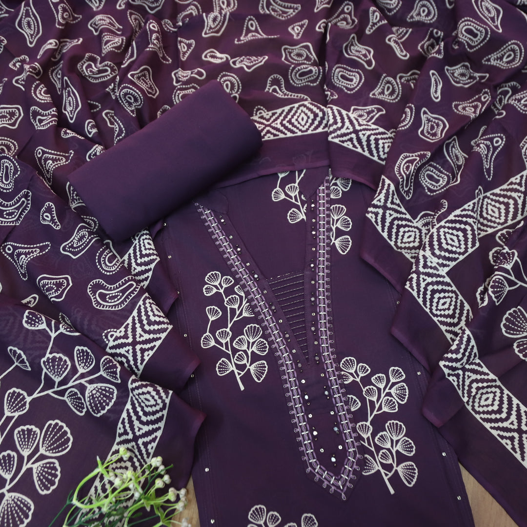 Gujaarish Blueberry Purple Zari Neck Work with Patra Floral Printed Cotton Suit Set