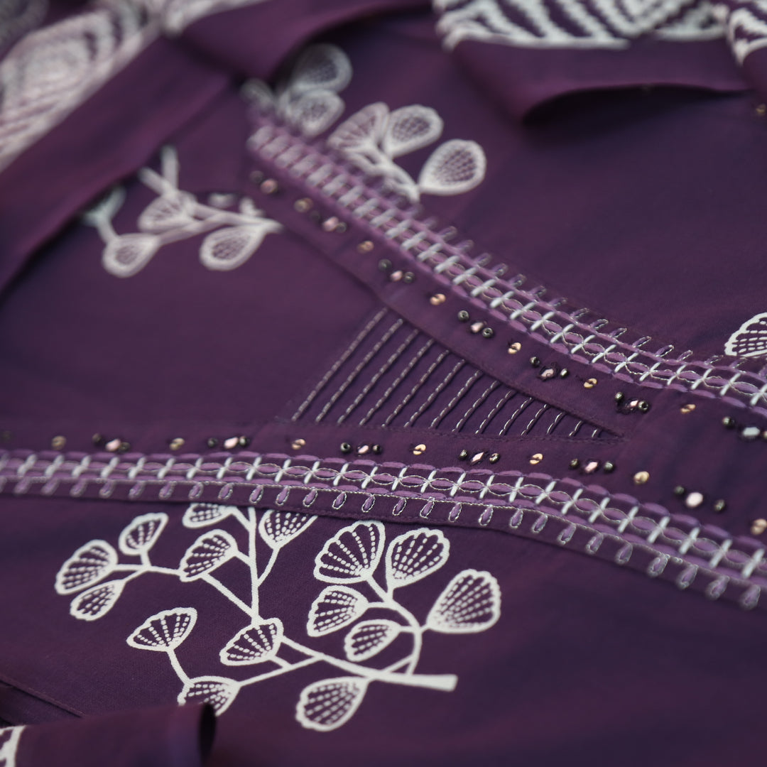 Gujaarish Blueberry Purple Zari Neck Work with Patra Floral Printed Cotton Suit Set