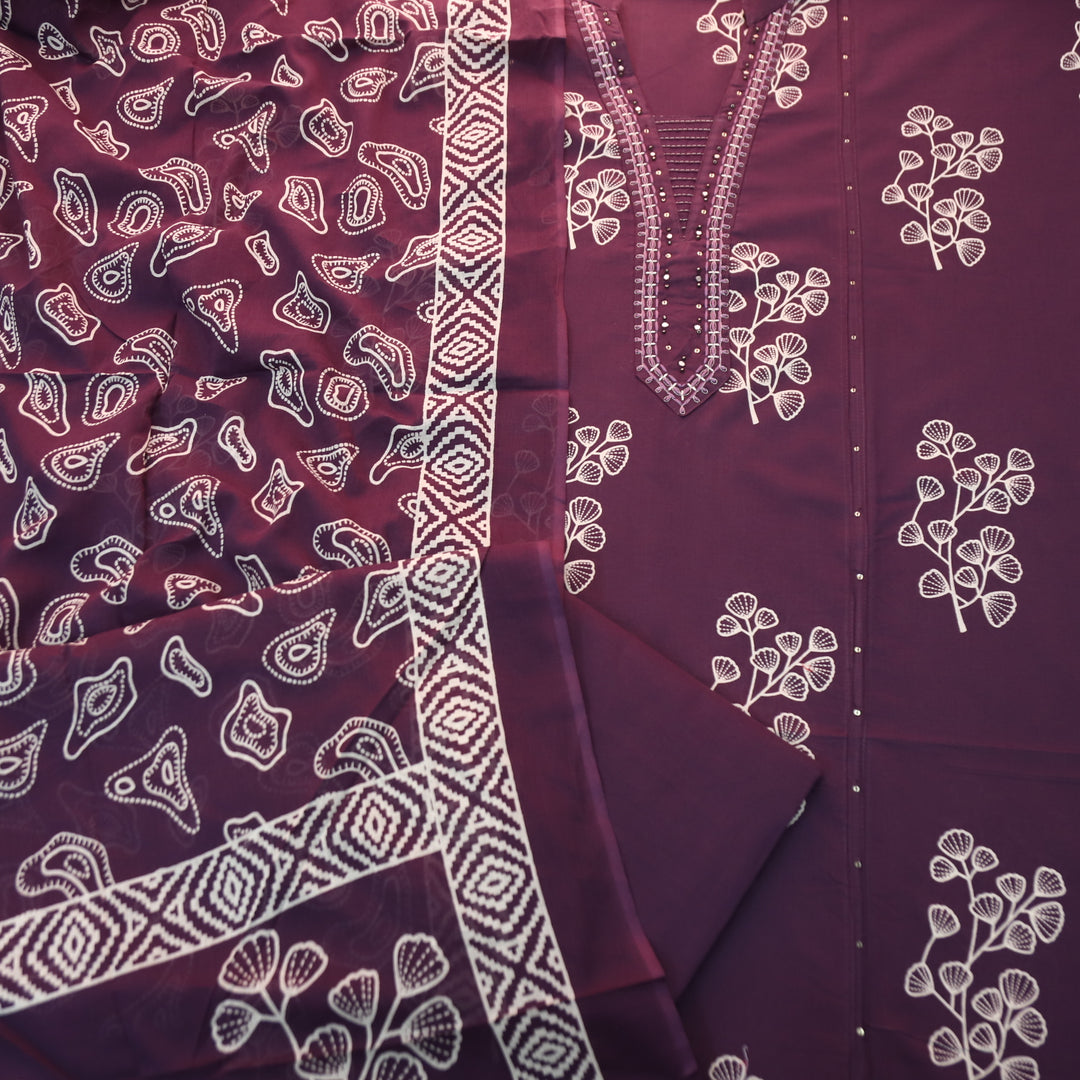 Gujaarish Blueberry Purple Zari Neck Work with Patra Floral Printed Cotton Suit Set