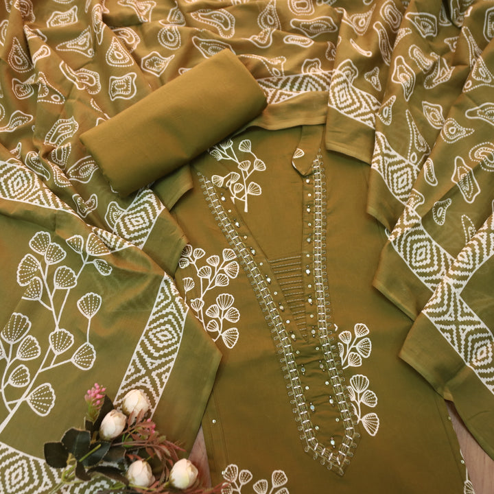 Gujaarish Olive Green Zari Neck Work with Patra Floral Printed Cotton Suit Set