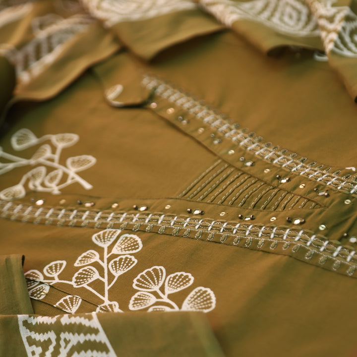 Gujaarish Olive Green Zari Neck Work with Patra Floral Printed Cotton Suit Set