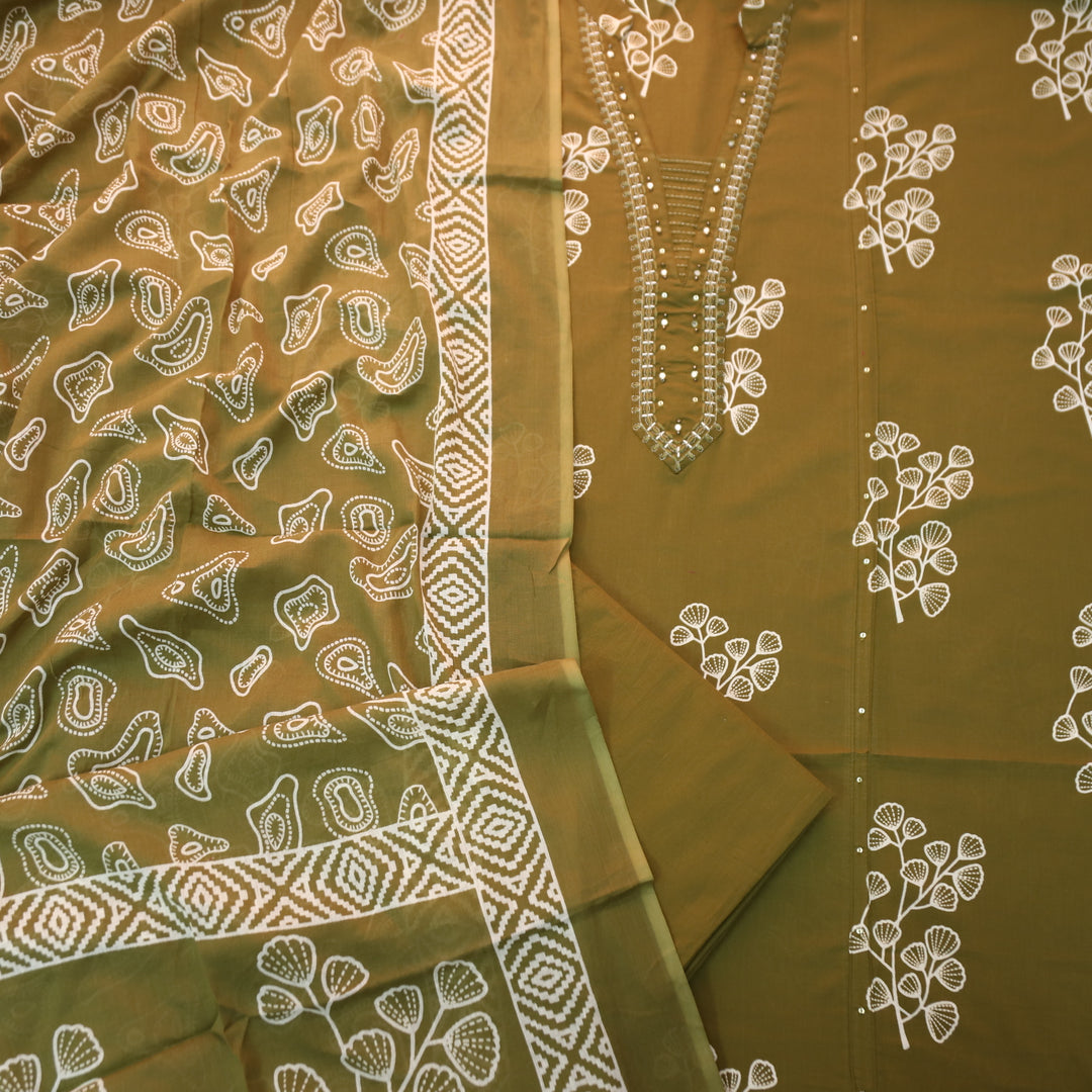 Gujaarish Olive Green Zari Neck Work with Patra Floral Printed Cotton Suit Set