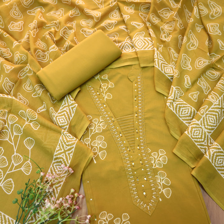 Gujaarish Beige Yellow Zari Neck Work with Patra Floral Printed Cotton Suit Set