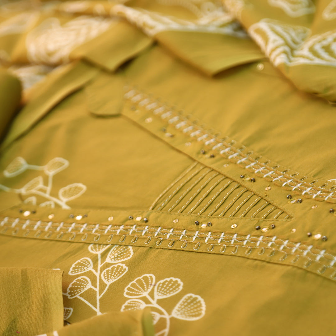 Gujaarish Beige Yellow Zari Neck Work with Patra Floral Printed Cotton Suit Set