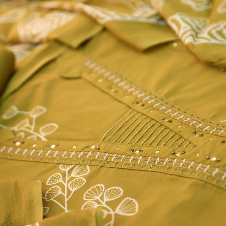 Gujaarish Beige Yellow Zari Neck Work with Patra Floral Printed Cotton Suit Set