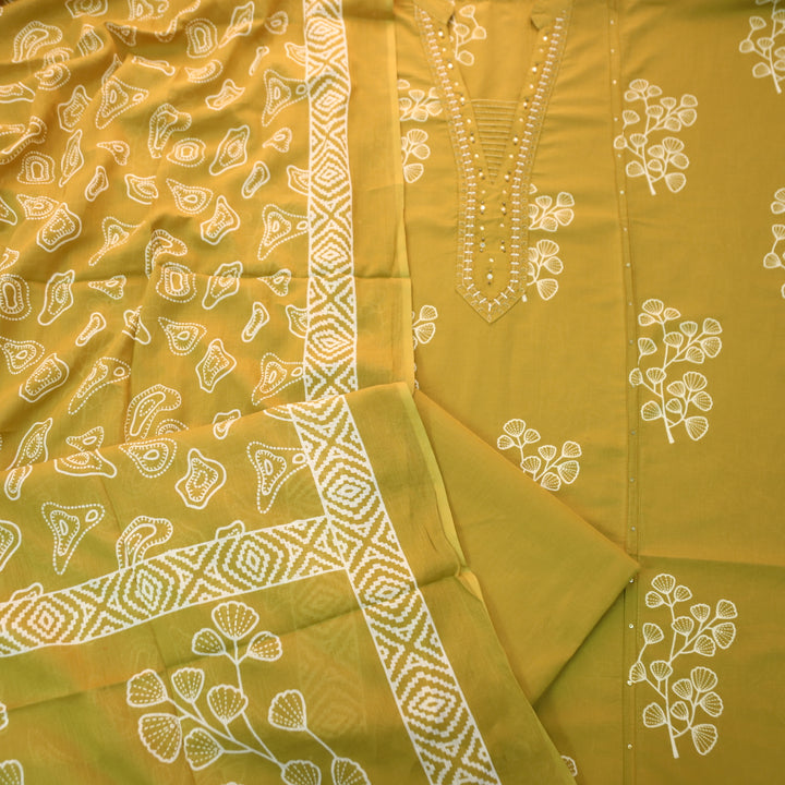 Gujaarish Beige Yellow Zari Neck Work with Patra Floral Printed Cotton Suit Set