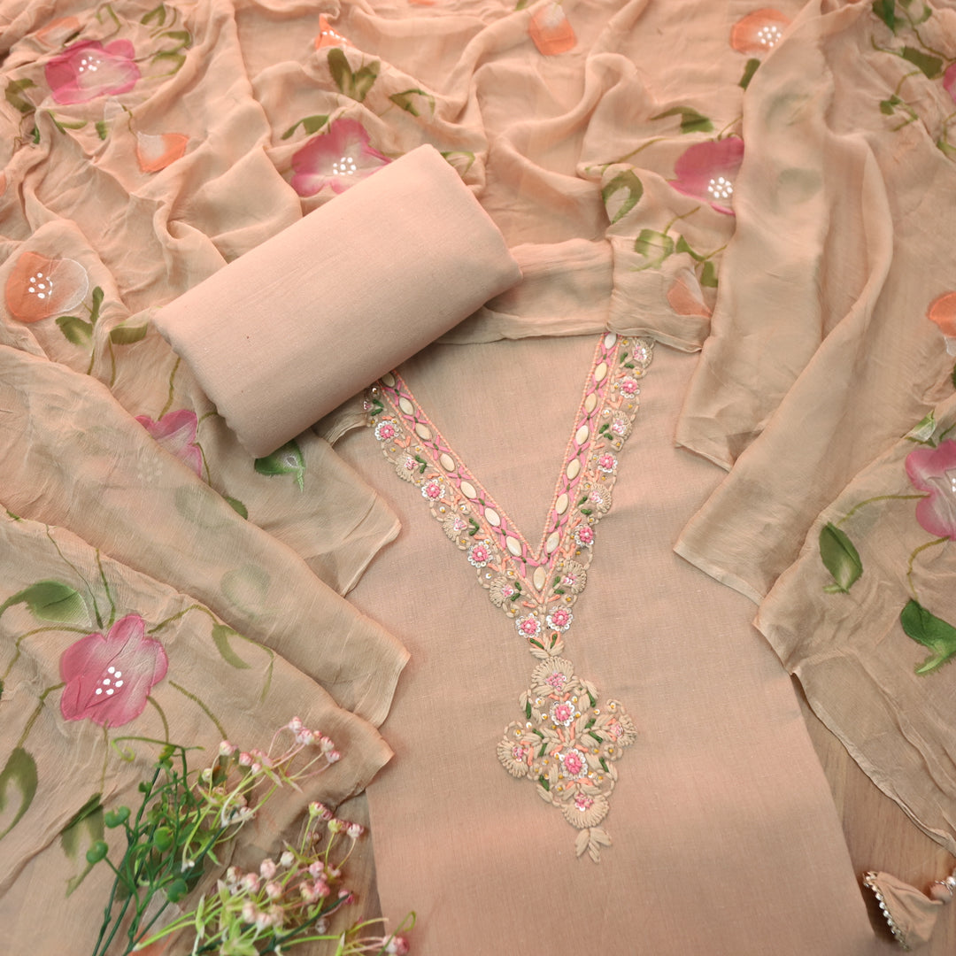Blissta Latte Beige V Neck in Moti with Thread Work Plain Cotton Suit Set