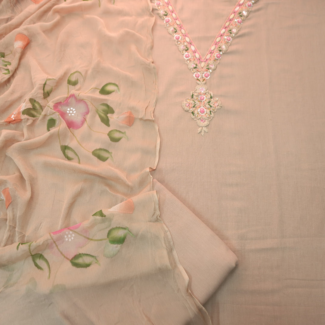 Blissta Latte Beige V Neck in Moti with Thread Work Plain Cotton Suit Set