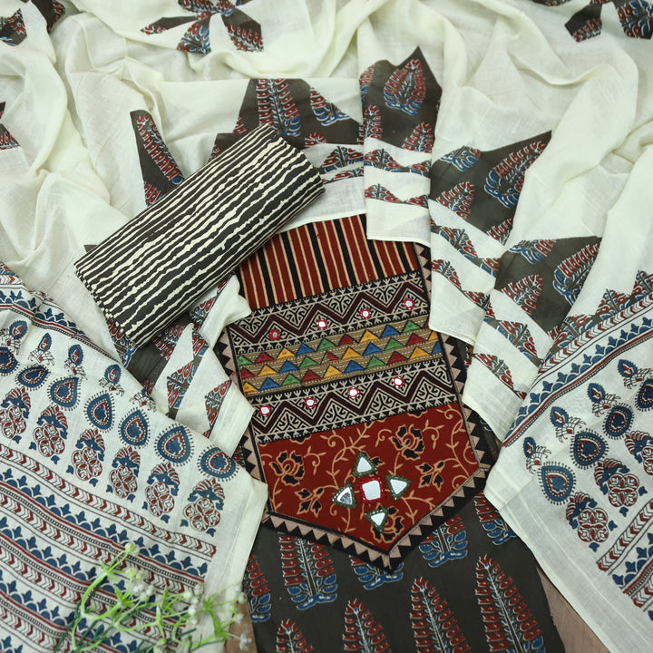 Kakaswi Dark Chocolate Kutch Mirror with Ajrak Print Patch Work Printed Cotton Suit Set