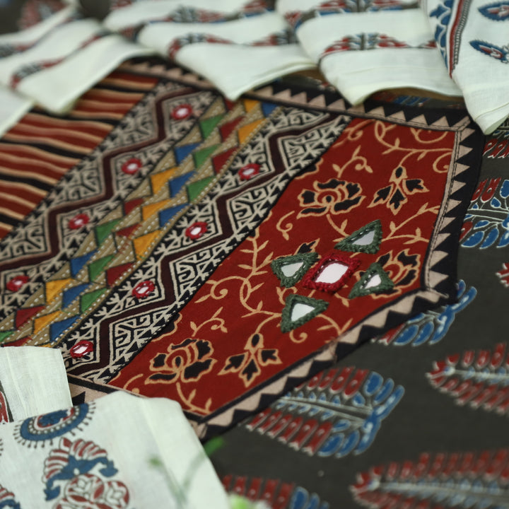 Kakaswi Dark Chocolate Kutch Mirror with Ajrak Print Patch Work Printed Cotton Suit Set