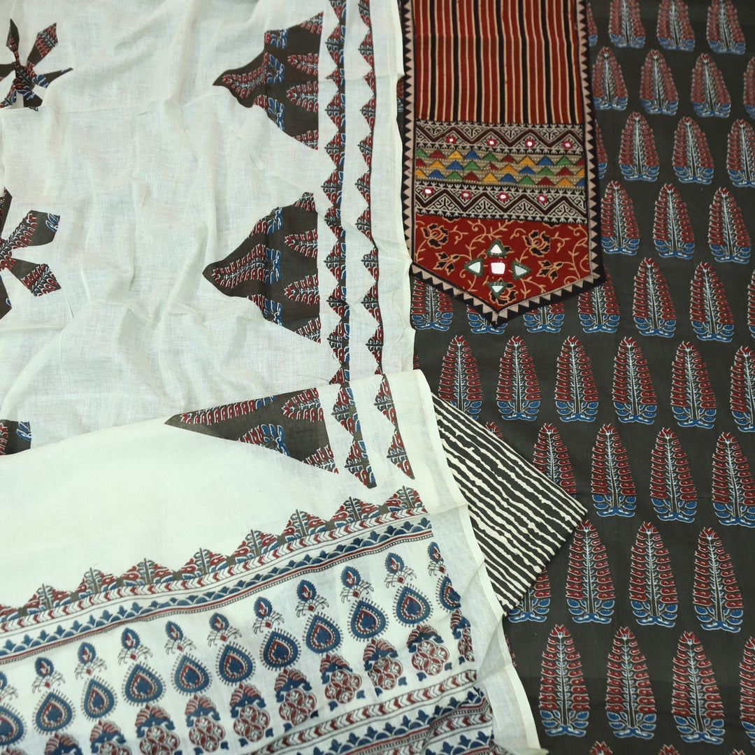 Kakaswi Dark Chocolate Kutch Mirror with Ajrak Print Patch Work Printed Cotton Suit Set