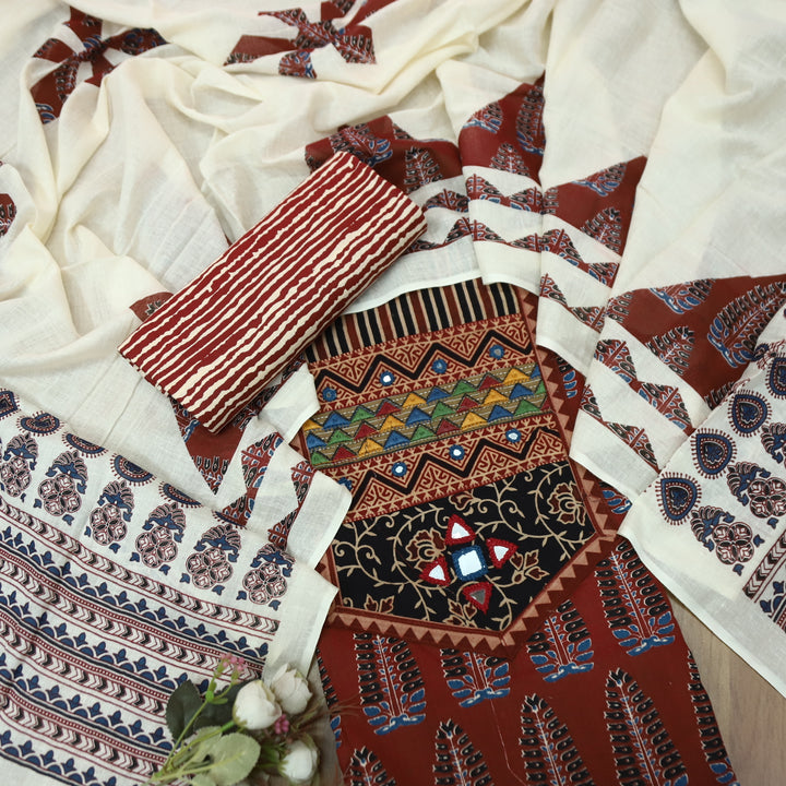Kakaswi Cherry Red Kutch Mirror with Ajrak Print Patch Work Printed Cotton Suit Set