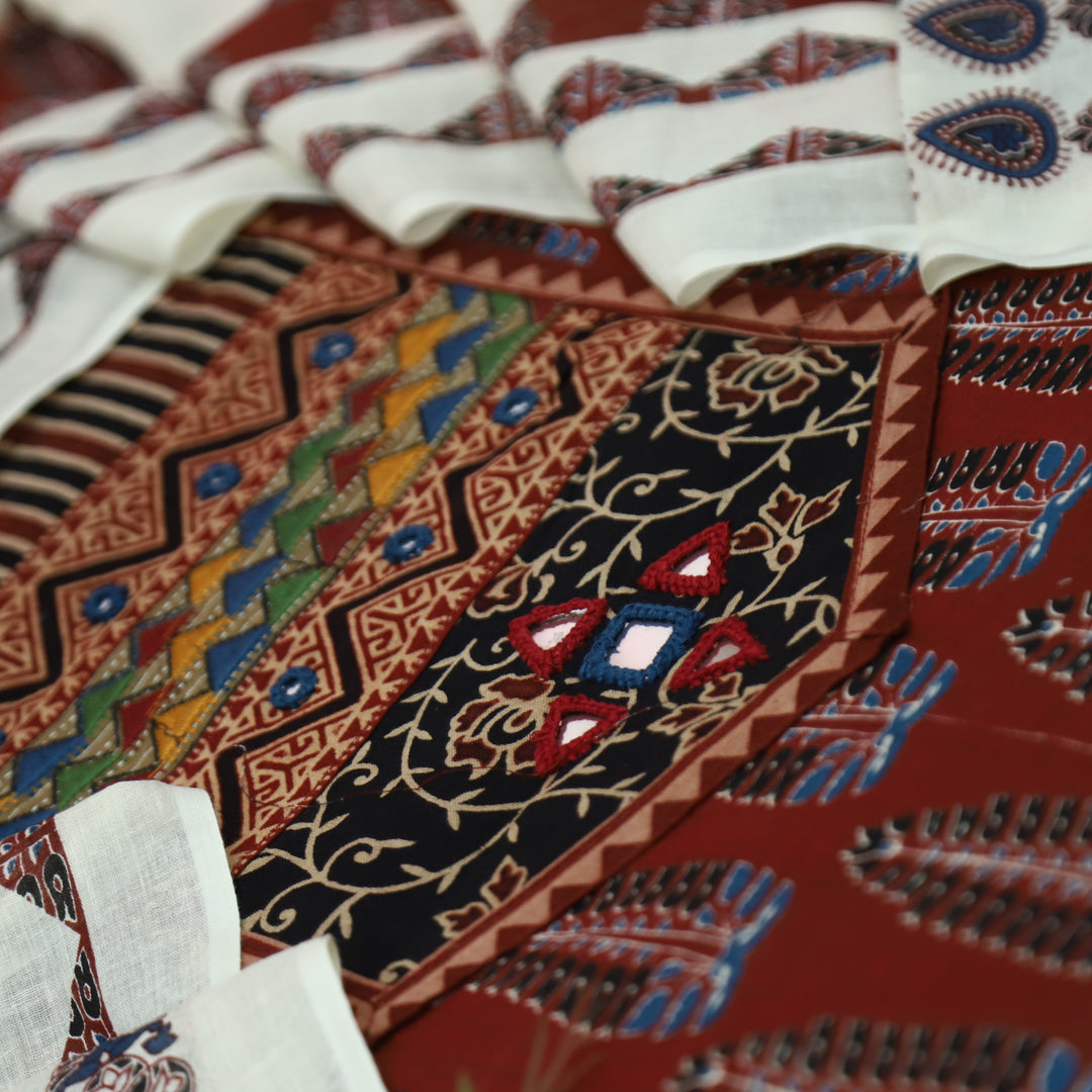 Kakaswi Cherry Red Kutch Mirror with Ajrak Print Patch Work Printed Cotton Suit Set