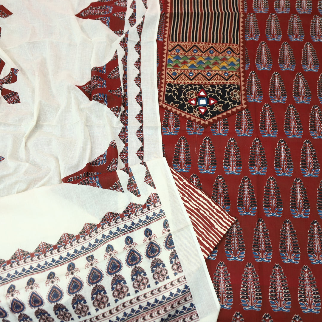 Kakaswi Cherry Red Kutch Mirror with Ajrak Print Patch Work Printed Cotton Suit Set