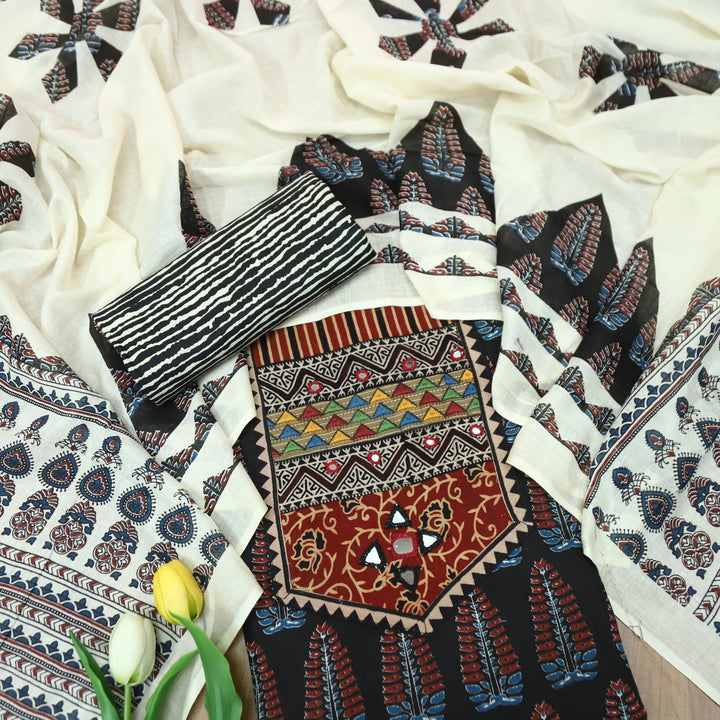 Kakaswi Faded Black Kutch Mirror with Ajrak Print Patch Work Printed Cotton Suit Set