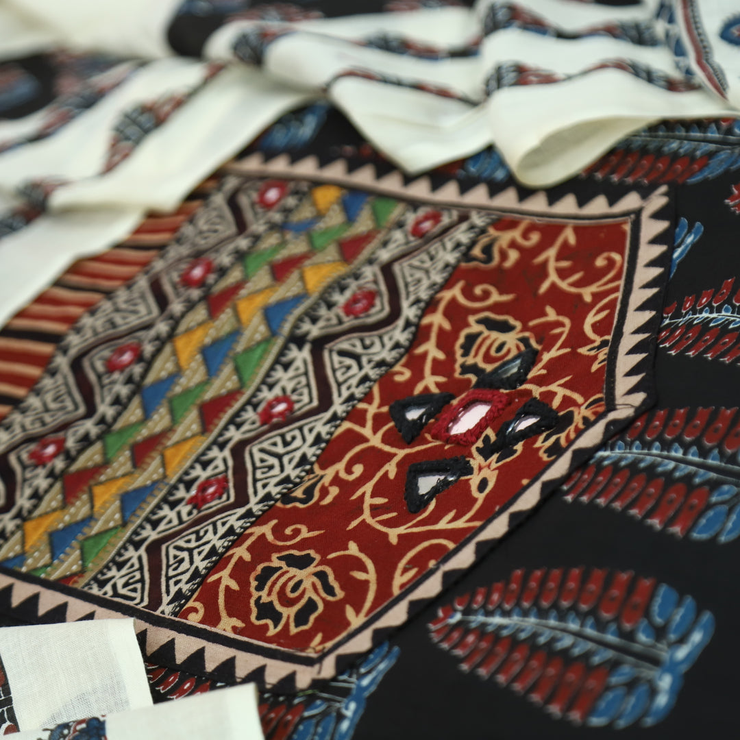 Kakaswi Faded Black Kutch Mirror with Ajrak Print Patch Work Printed Cotton Suit Set