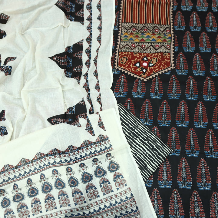 Kakaswi Faded Black Kutch Mirror with Ajrak Print Patch Work Printed Cotton Suit Set