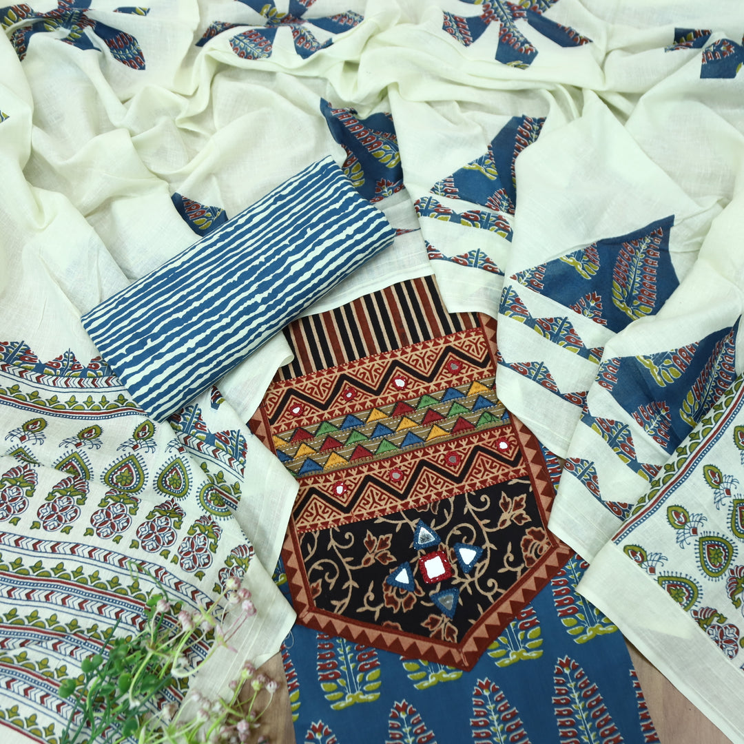 Kakaswi Cerulean Blue Kutch Mirror with Ajrak Print Patch Work Printed Cotton Suit Set