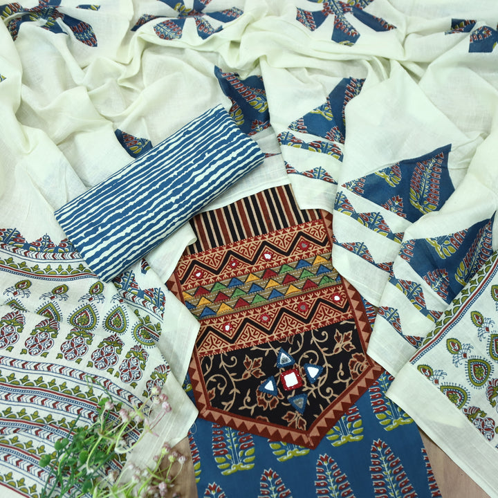 Kakaswi Cerulean Blue Kutch Mirror with Ajrak Print Patch Work Printed Cotton Suit Set