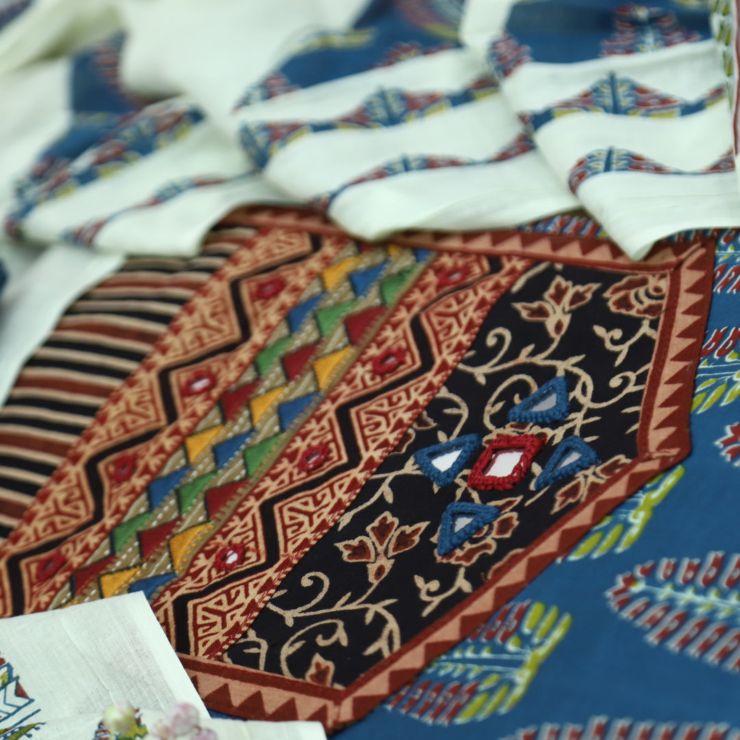 Kakaswi Cerulean Blue Kutch Mirror with Ajrak Print Patch Work Printed Cotton Suit Set