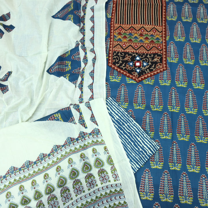 Kakaswi Cerulean Blue Kutch Mirror with Ajrak Print Patch Work Printed Cotton Suit Set
