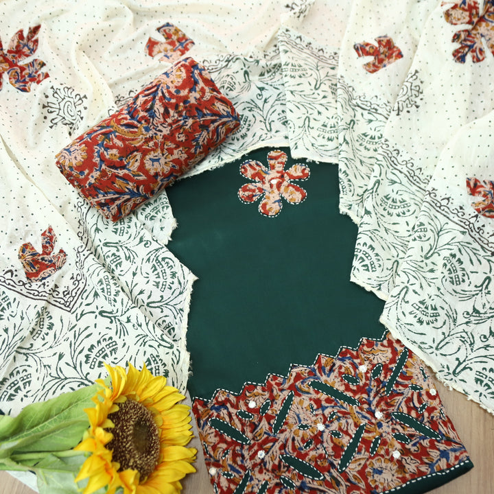 RoopSaloni Bottle Green Applique Patch Work Hem in Kalamkari Print Glazed Cotton Set